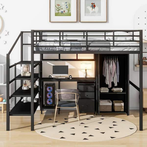 Black Full Size Loft Bed with table set and wardrobe
