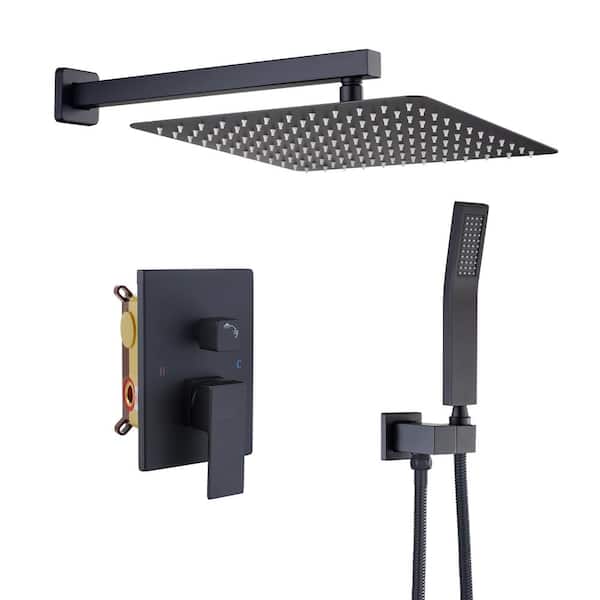1-Spray Patterns 12 in. Wall Mount Shower System Rain Shower Heads and Metal Handheld in Matte Black (Valve Included)
