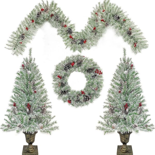 Angel Sar 4- Piece 4 ft. Pre-lit Artificial Christmas Pine Tree Set with Garland and Wreath