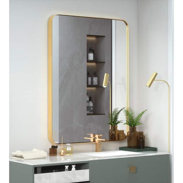 PRIMEPLUS 22 in. W x 30 in. H Medium Modern Rectangle Stainless Steel Wall Mirror Bathroom Mirror Vanity Mirror in Brushed Gold