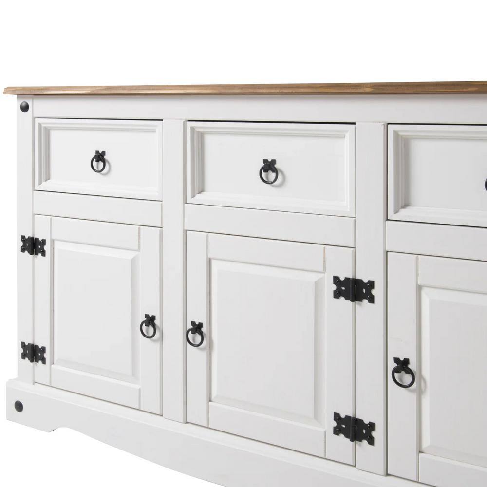 Distressed White Pine Wood Cottage Sideboard with Antique Brown Top
