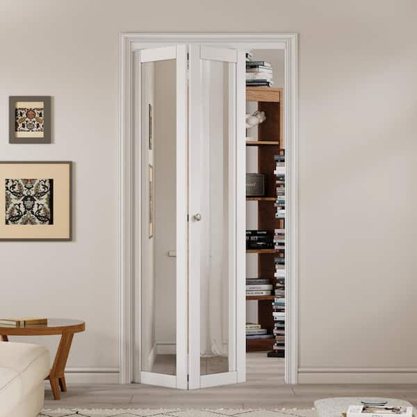 36 in. x 80 in. 1-Lite Mirror Glass and Solid Core White Finished MDF Interior Closet Bi-Fold Door with Hardware