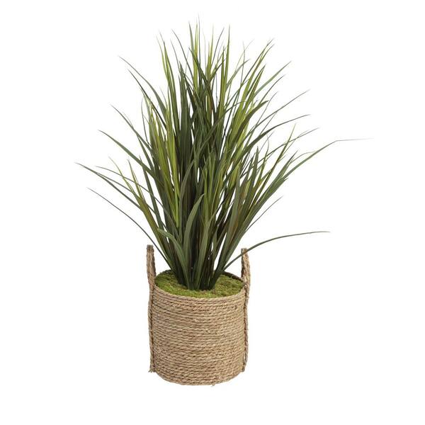 D&W Silks Indoor Artificial 38" Tall Grass Floor Planter in Round Natural Rattan Basket