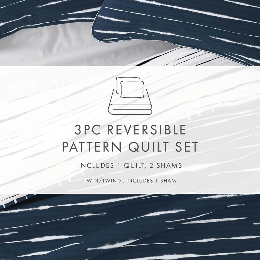 Navy and White Twin Reversible Microfiber Quilt Set