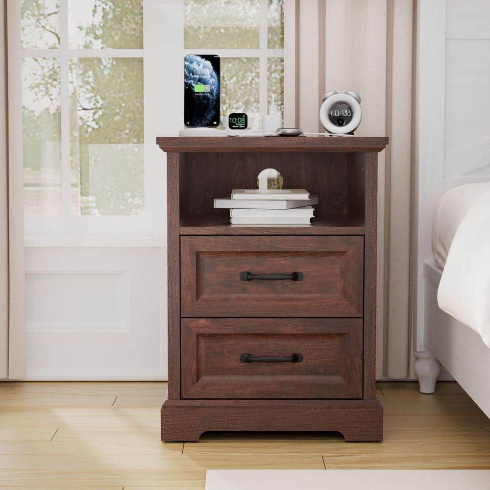 Hommpa Farmhouse Maroon Brown 2-Drawer 17.7 in. W Nightstand with ...