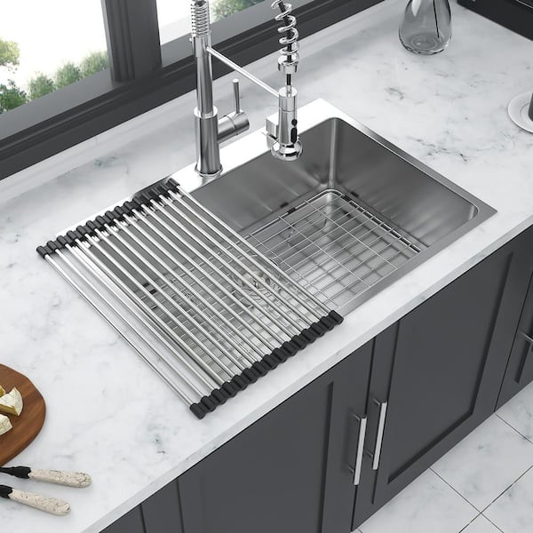 30 in. Drop-In Single Bowl 16-Gauge Brushed Nickel Stainless Steel Kitchen Sink with Bottom Grids
