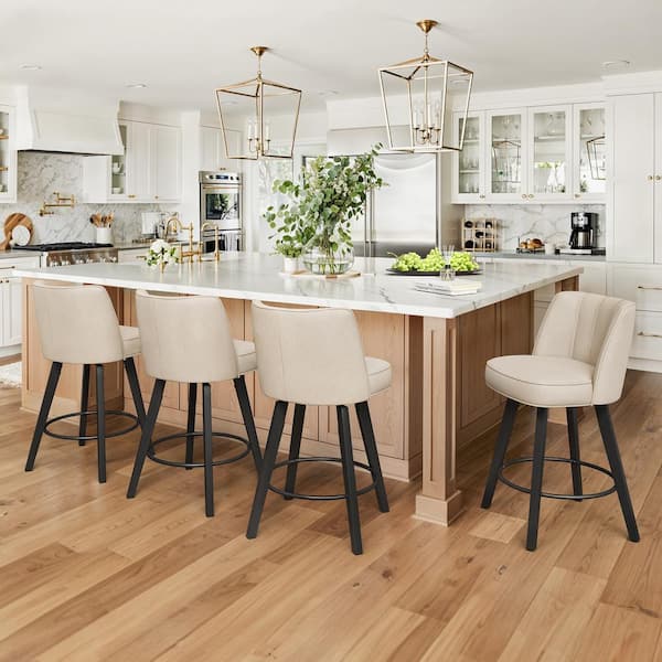 Paul 26 in. Beige Modern Fabric 360° Swivel High Back Barstool Solid Wood Counter Height stool (Set of 4)