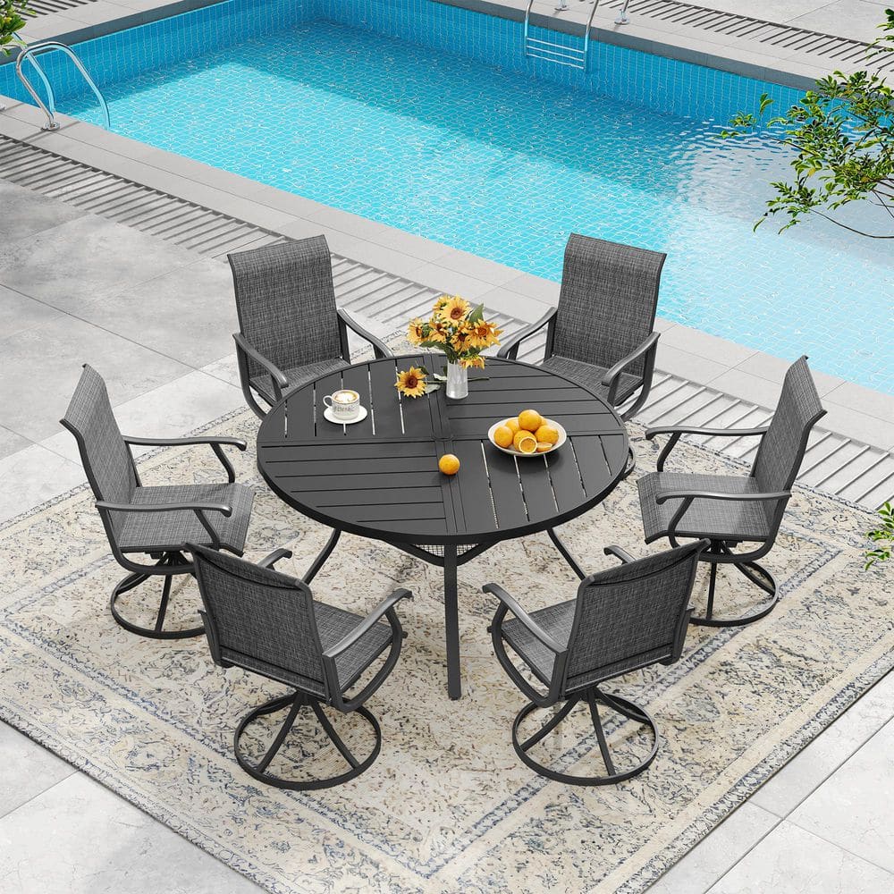 7-Piece Metal Outdoor Patio Dining Set with 47.2 Black Round Table and 6 Dark Gray Textilene Swivel Chairs price history on PriceWatchPro