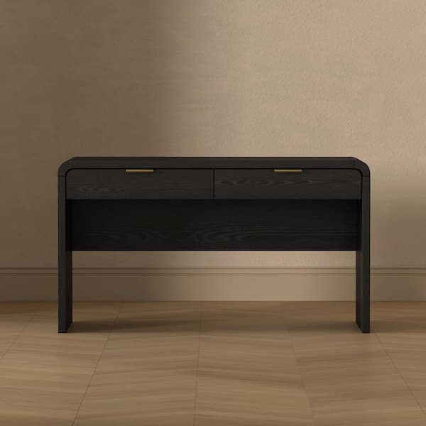 Grace 54 in. Modern Rectangular Black 2-Drawer Writing Desk with Rounded Edges and Gold Handles