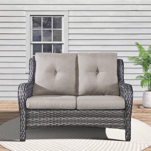 moosprr Gray PE Rattan Wicker Outdoor Loveseat with Gray Cushions