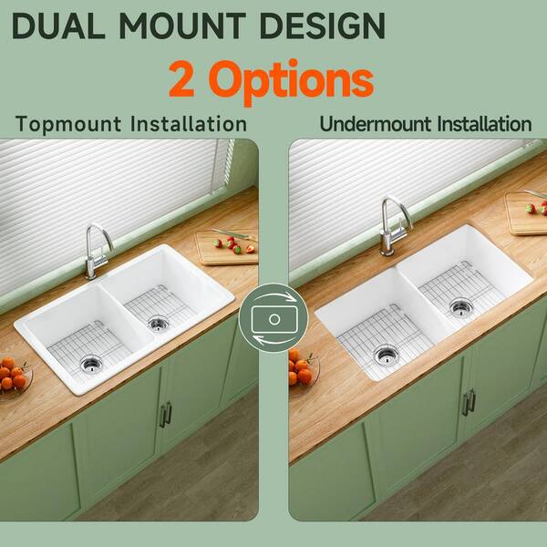 Kuomih 32 in. Undermount Kitchen Sink Double Bowl White
