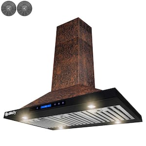 36 in. 343 CFM Convertible Island Mount Range Hood with LED Lights in Embossed Copper Vine Design with Carbon Filters
