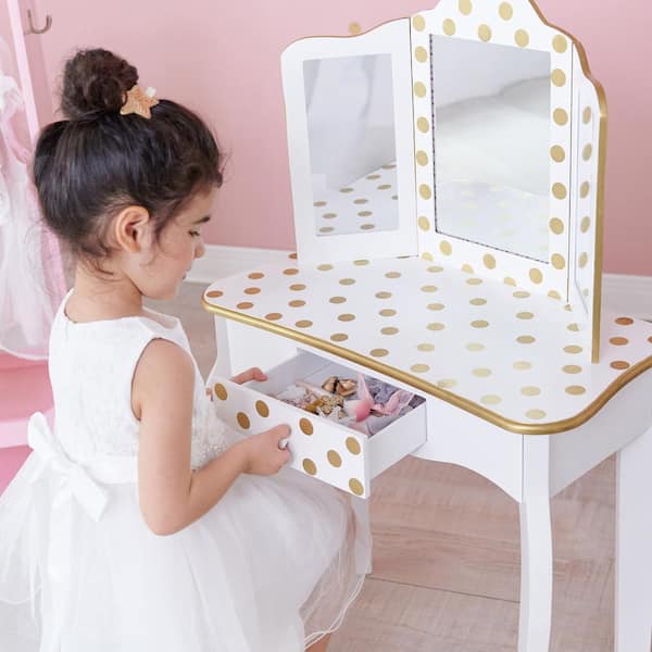 Dot Home TD-11670ML Fashion - Kids White/Gold Fantasy Play Vanity The LED with Polka Fields in Set Gisele Light Prints Depot Mirror Teamson