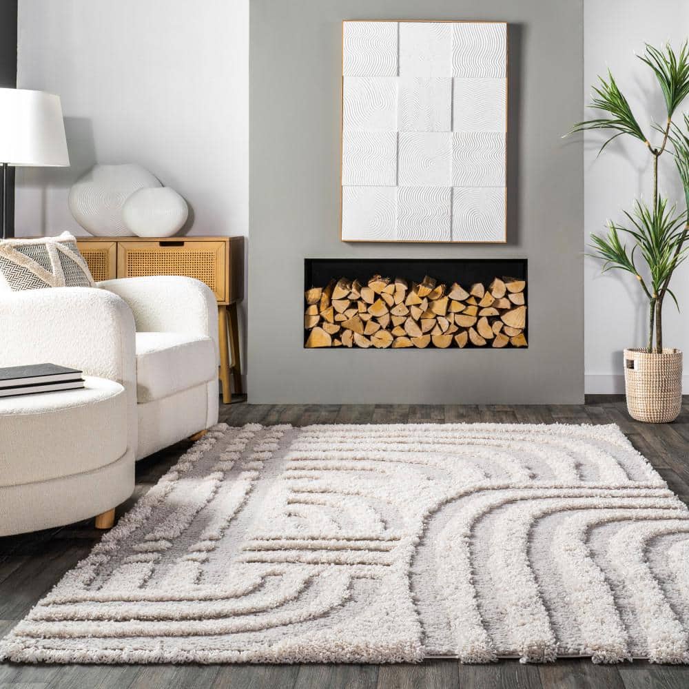 Modern Shag 4' x 6' Gray and White Synthetic Area Rug