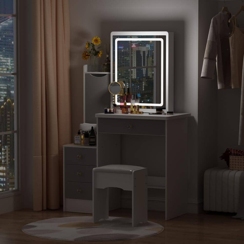 4-Drawers White Wood Makeup Vanity Sets Dressing Table Sets with Stool, Mirror, LED Light, Door and Storage Shelves - thumbnail 5