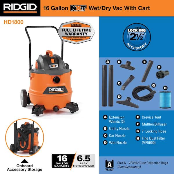 Ridgid 16 Gallon 6.5-Peak HP NXT Wet/Dry Shop Vacuum with Cart, Fine Dust Filter, Hose and Accessories