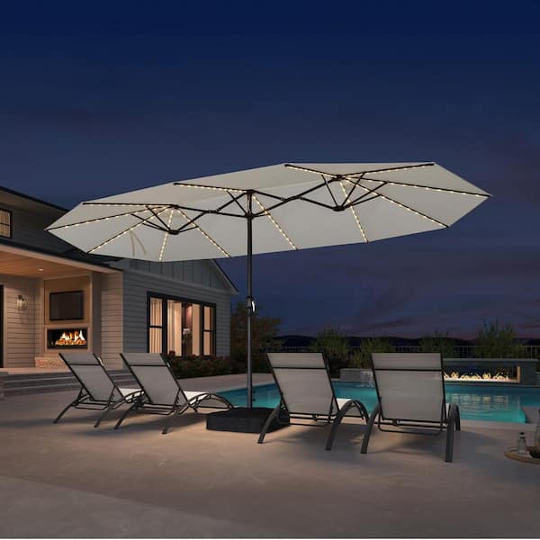 PURPLE LEAF 15 ft. Solar LED Lights Market Umbrella with Double-Sided Outdoor Patio Umbrellas with Base in White
