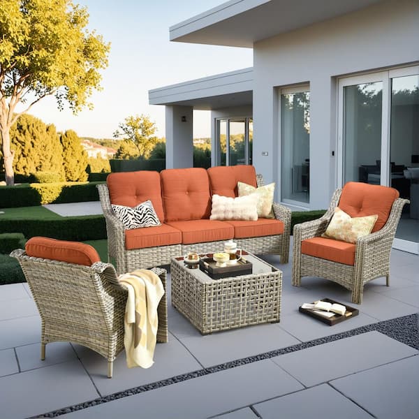 Tulip I 4-Piece Wicker Patio Conversation Set with Coffee Table and Orange Red Cushions
