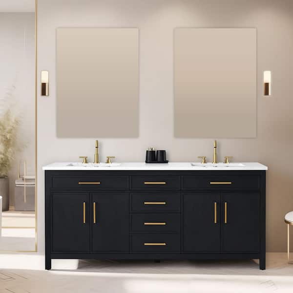 Logan 72 in. W Bath Vanity in Ebony with Engineered Stone Top in Carrara White with White Sinks