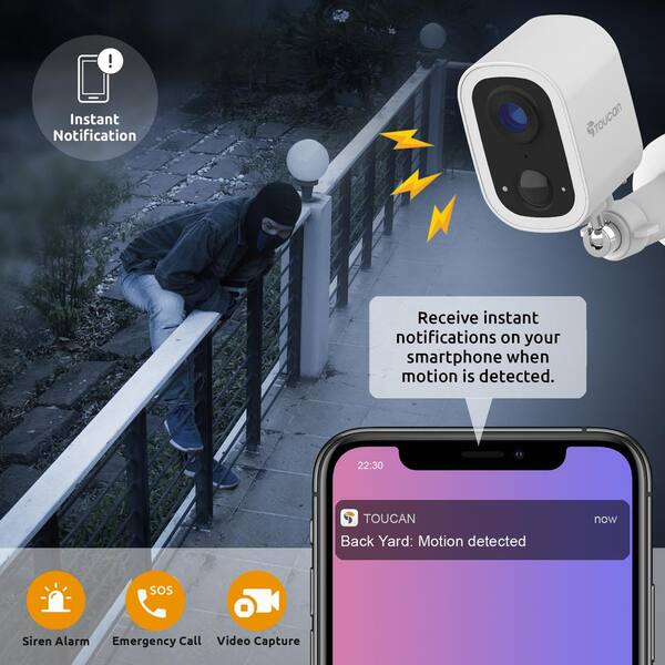 Toucan S4 Wireless Outdoor Smart Battery Operated Security Camera Wi-Fi Night Vision 2-Way Talk Live View, White