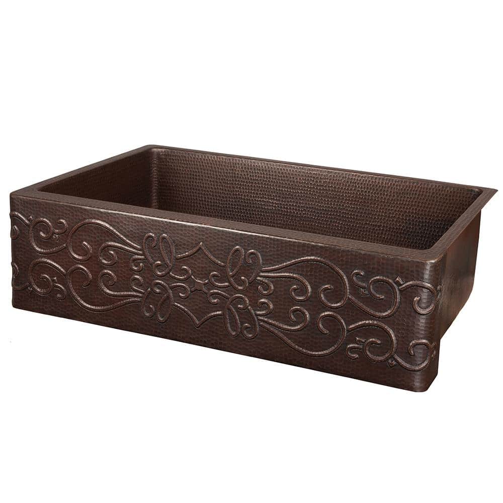 33" Hammered Copper Farmhouse Drop-in Kitchen Sink with Scroll Design