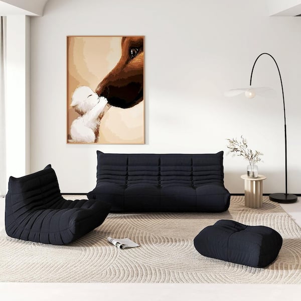 Set of 3 Black Teddy Velvet Polyester Large (45-72 in.)Fireside Lazy Sofa Rebound Sponge Floor Couch with Chair, Ottoman