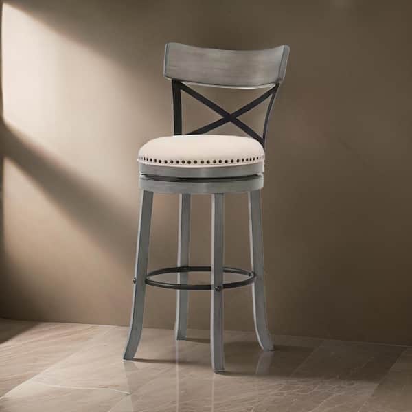 Benjara 30.5 in. Gray, Black and Beige Low Back Wood Frame Bar Stool with Fabric Seat (Set of 2)