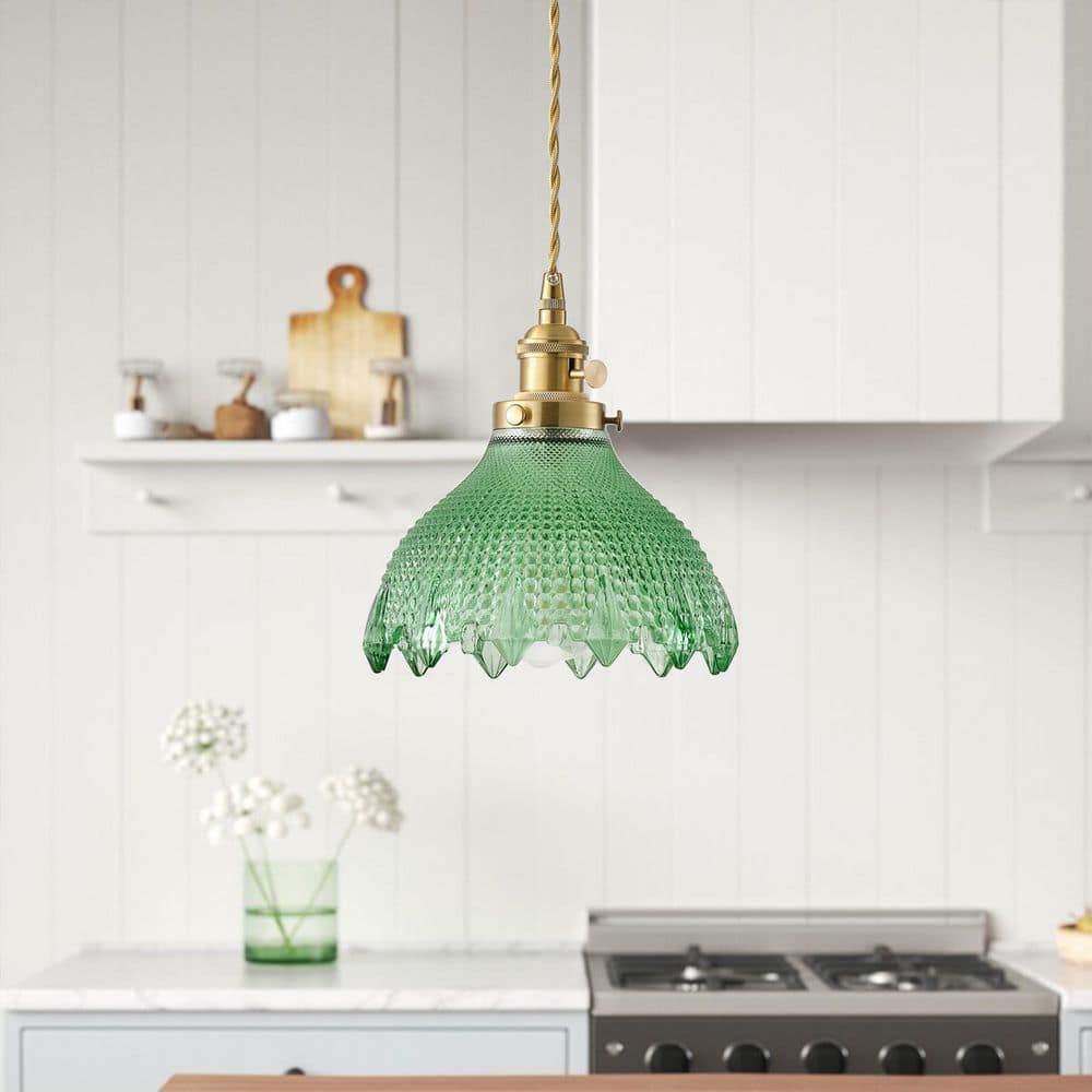 7.87 in. 40-Watt Vintage 1-Light Brass Pendant Light Kitchen Island Ceiling Hanging Lamp with Floral Green Shade price history on PriceWatchPro