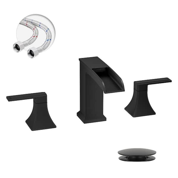 BWE Waterfall 8 in. Widespread Double-Handle Black Bathroom Faucet Set 3-Holes Vanity Sink with Metal Drain in Matte Black
