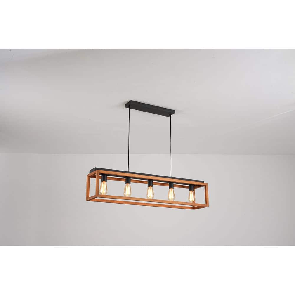 Libtad 5-Light 40 in.W Brown Wood and Matte Black Rectangular Farmhouse Linear Pendant Light for Kitchen Island price history on PriceWatchPro