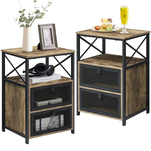 VECELO 2-Pieces Gray NightStand & End Side Table w/ Storage Space & Door NightStand w/ Flip Drawers 15.7in.x 13.8in.x 23.8in.