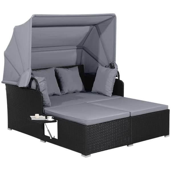 Wicker Outdoor Day Bed with Canopy and Side Tables Gray Cushions