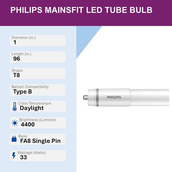 60-Watt Equivalent 8 ft. T8 Tube FA8 Base LED Linear Light Bulb Daylight 5000K (2-Pack)