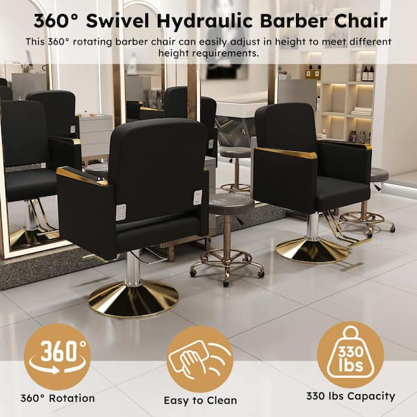 Adjustable Height Hydraulic Upholstered Barber Salon Chair in Black3 W/ 360° Swivel, Styling Chair Beauty Spa Equipment