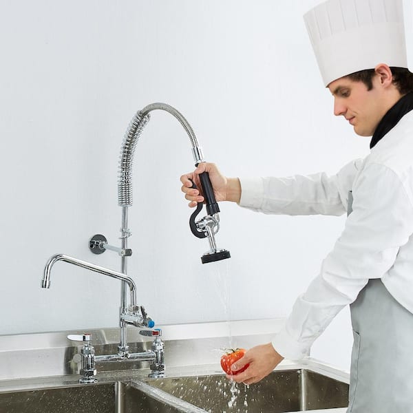26 in. Commercial Faucet Double Handle Pull Down Sprayer Kitchen Faucet Deck Mount Kitchen Sink Faucet, Silver