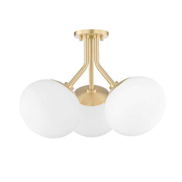 Fifth and Main Lighting Estee 3-Light Aged Brass Semi-Flush Mount with Opal Etched Glass