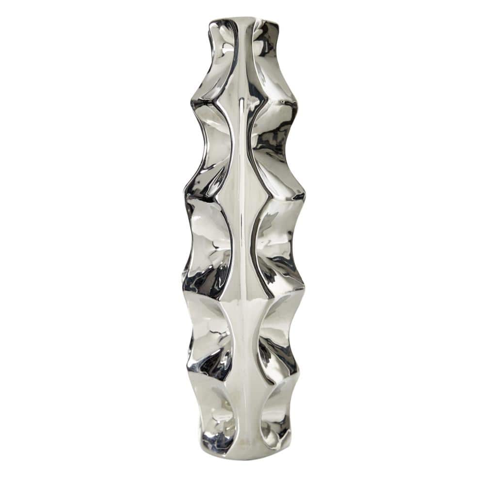 Sleek Silver Ceramic Table Vase with Geometric Cut-Outs 8" x 14"