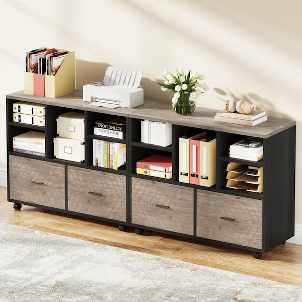 BYBLIGHT Atencio 2-Drawer Black and Gray Filing Cabinet, Wood 39.37 in. W Lateral File Cabinet, Movable File Cabinet with 5-Shelf