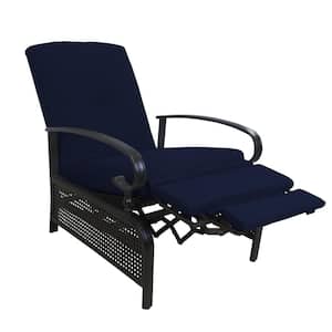 Black Metal Frame Outdoor Recliner with Navy Blue Cushions for Outdoor Reading, Sunbathing or Relaxation