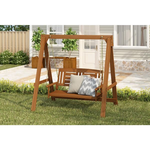 Furinno Tioman 65.55 in. 2-Person Hardwood Teak Oil Patio Swing
