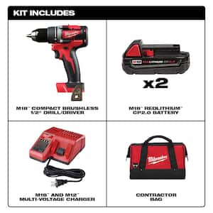 M18 18V Lithium-Ion Brushless Cordless 1/2 in. Compact Drill/Driver Kit with (2) 2.0 Ah Batteries, Charger and Case