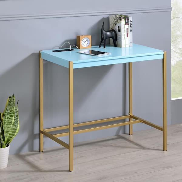 Bunda 30 in. Rectangle Gold Coating and Aruba Blue Writing Desk