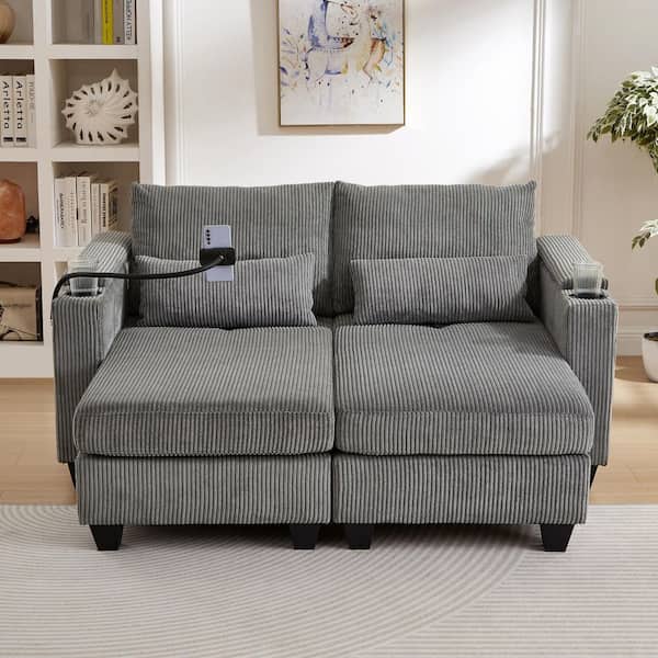 63 in. Corduroy 2-Seater Convertible Chaise Lounge Loveseat Sofa with USB Ports, 2 Cup Holders and Side Pocket in Gray