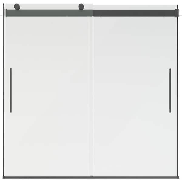 Classic 500 55-3/8 to 59-3/8 in. W x 59 in. Frameless Sliding Bathtub Door in Matte Black with 5/16 in. Clear Glass