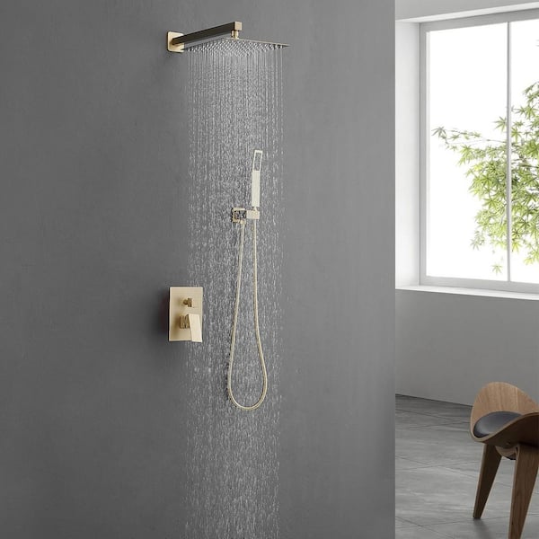 2-Spray Patterns Square 10 in. Dual Shower Heads Wall Mounted and Handheld Shower Head in Brushed Gold