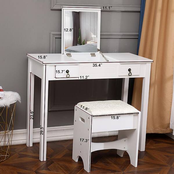 Outopee Single Mirror White Vanity Makeup Table Set with 2 Outopee Single Mirror White Vanity Makeup Table Set with 2