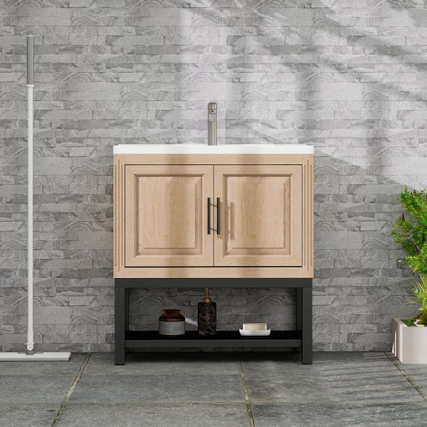 32 in. Freestanding Natural Bath Vanity with White Ceramic Top Unassembled