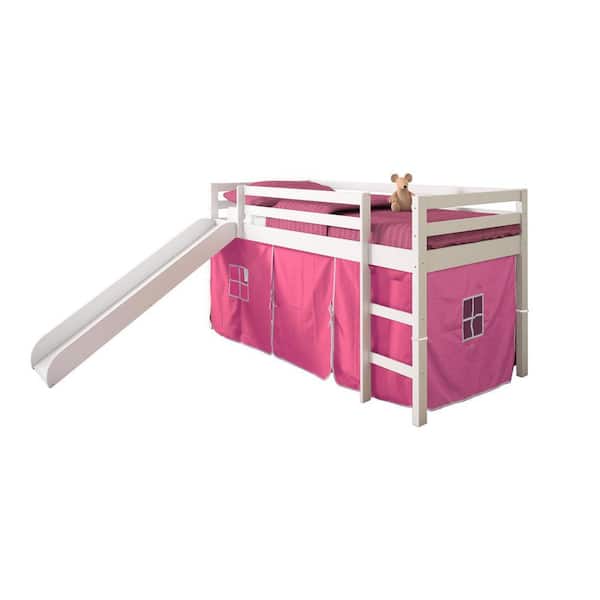 Donco Kids White Tent Loft Bed with Pink Tent Kit and Slide