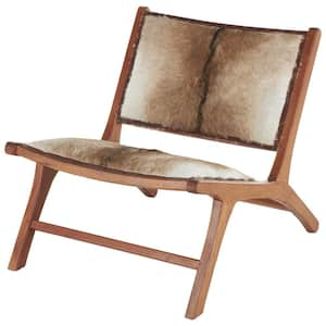 Brown Teak Wood Accent Chair with Hair on Hide Seat and Back (Set of 2)