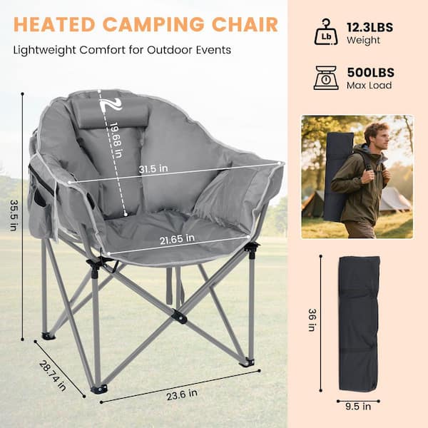 Oversized Heated Camping Chair w/3 Heat Levels Portable Folding Heated Chair Round Moon Saucer Folding Lawn Chair, Gray
